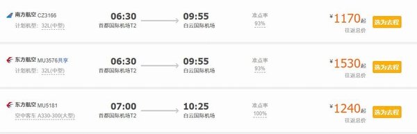 廣州往返機票價格 圖片來源自攜程